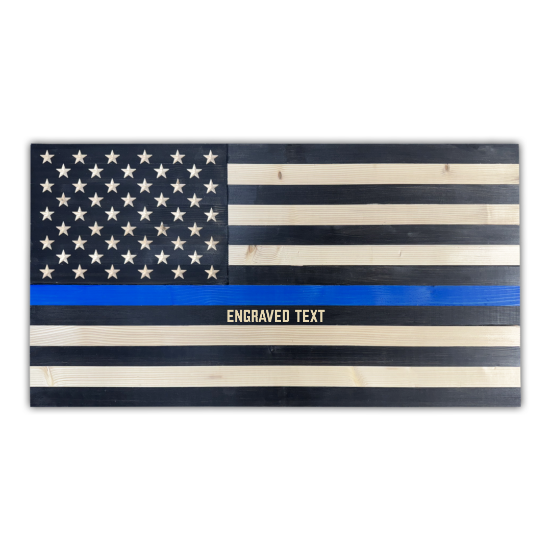 Classic Wooden American Flag (Thin Blue Line/Large (36" x 19")/Indoor Gloss/With Engraving)