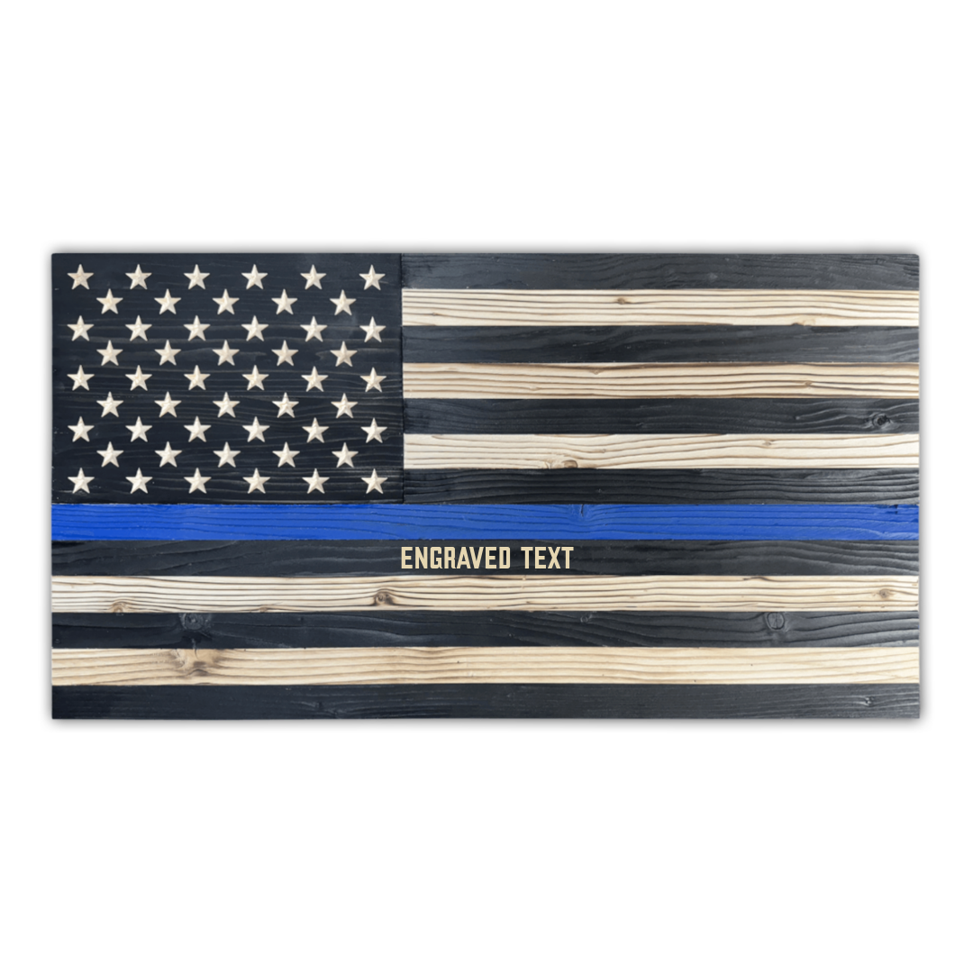 Signature Straight Grain Wooden American Flag (Thin Blue Line/Medium (24" x 13")/Outdoor/With Engraving)